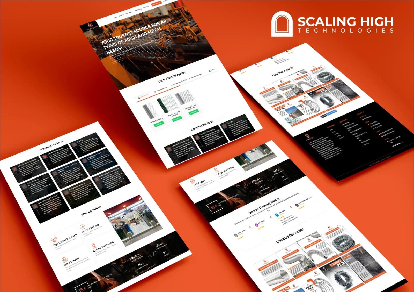 Industries served section and Instagram feed showcasing aluminium flexible duct and razor wire products