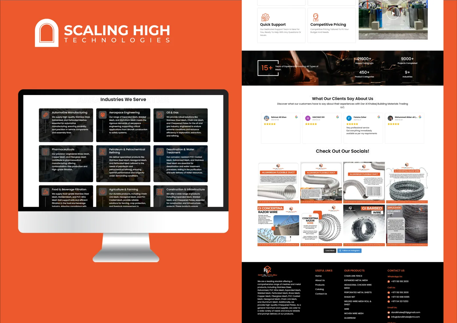 Industries served grid and company statistics bar on a mesh and metal products supplier's website