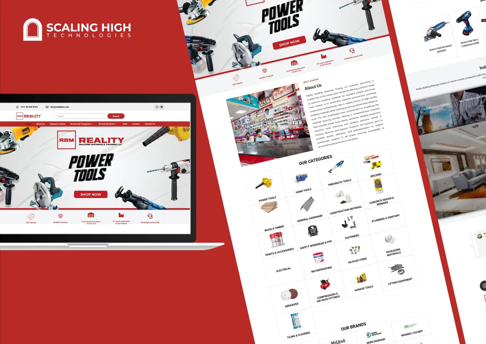 Homepage hero banner reading "Power Tools, Shop Now" alongside an extensive product category grid for a building materials retailer