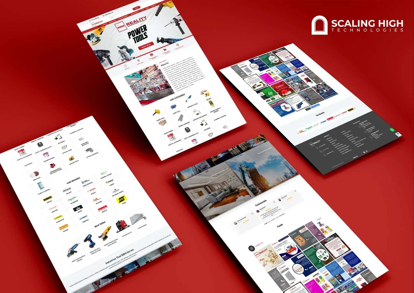 Homepage, product categories, brand grid, and Instagram feed composite for a building materials and power tools retailer
