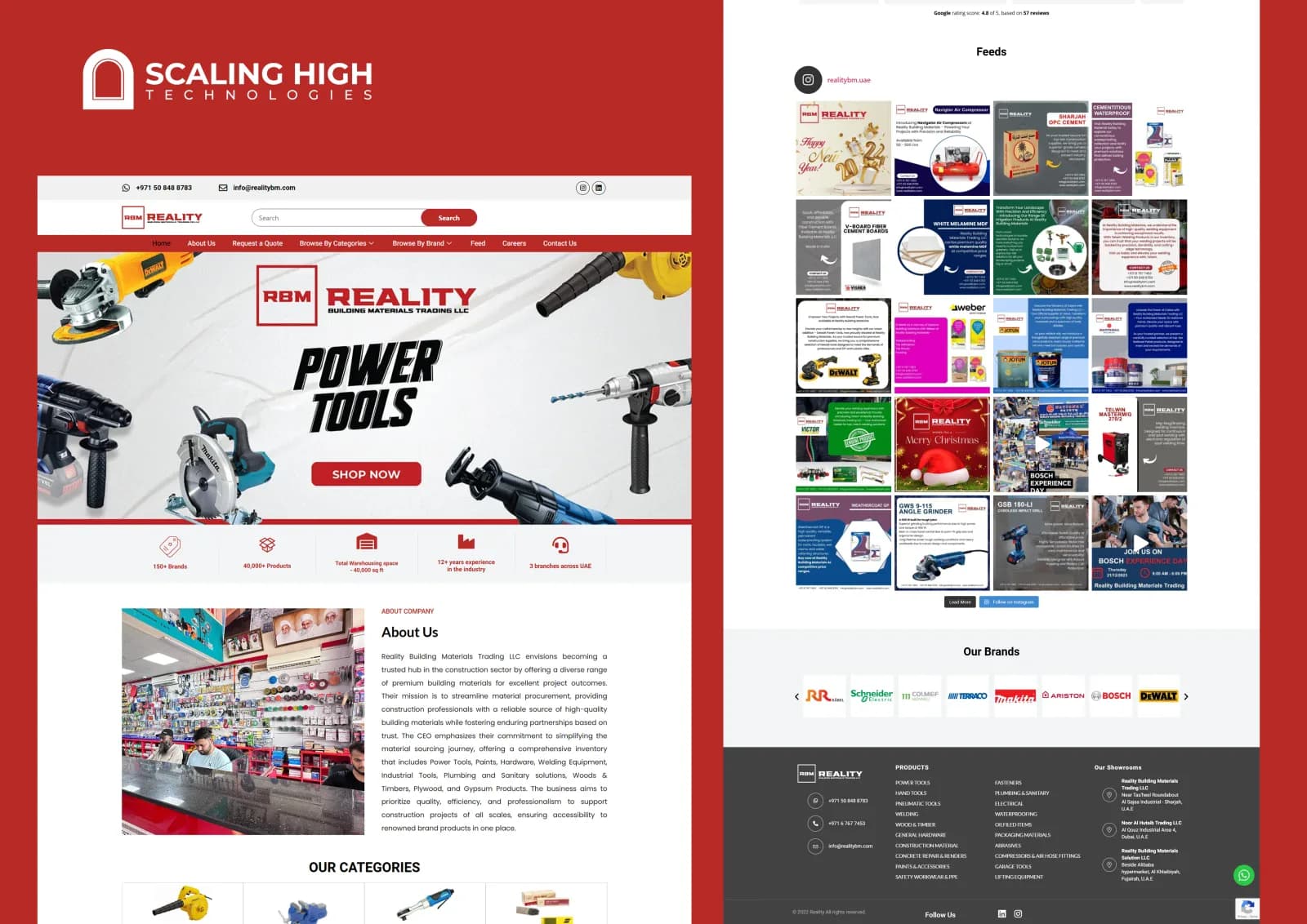 Full homepage of a building materials retailer's website with an in-store photo and a large product category and brand grid