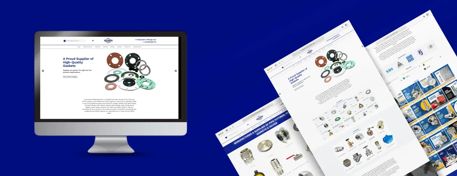 Homepage gasket showcase and a product listing page for a pipe fittings, flanges, and valves manufacturer's website