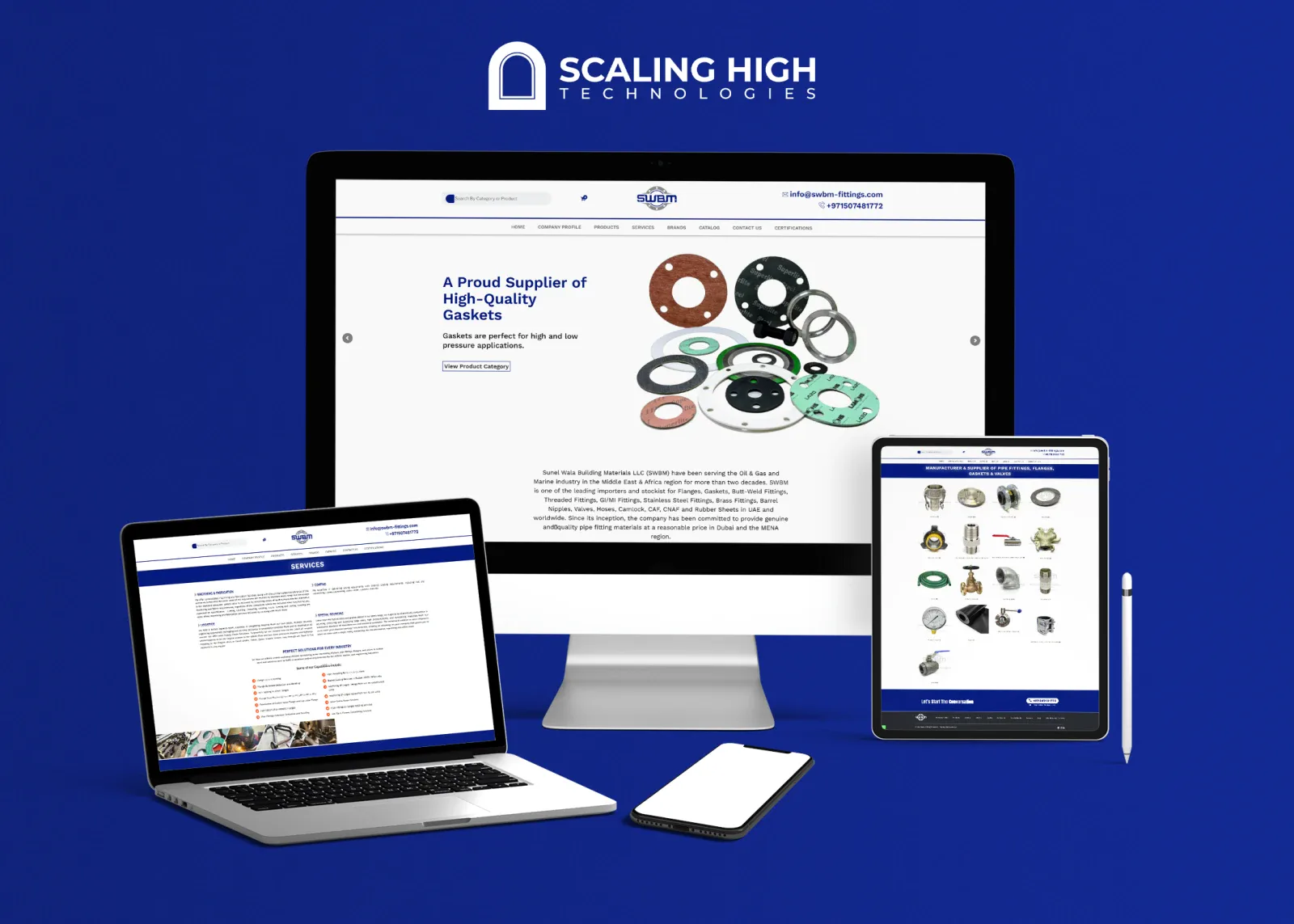 Homepage of a pipe fittings and gaskets supplier's website shown across desktop, laptop, tablet, and mobile devices