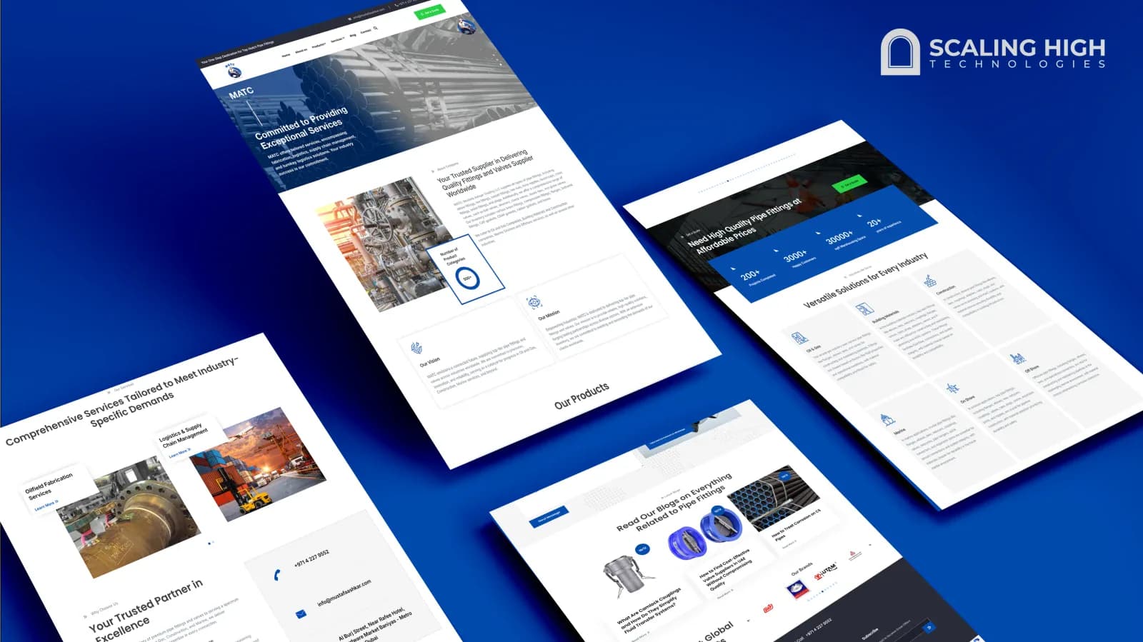 Homepage, about section, services, and industries-served composite for an industrial fittings and valves company