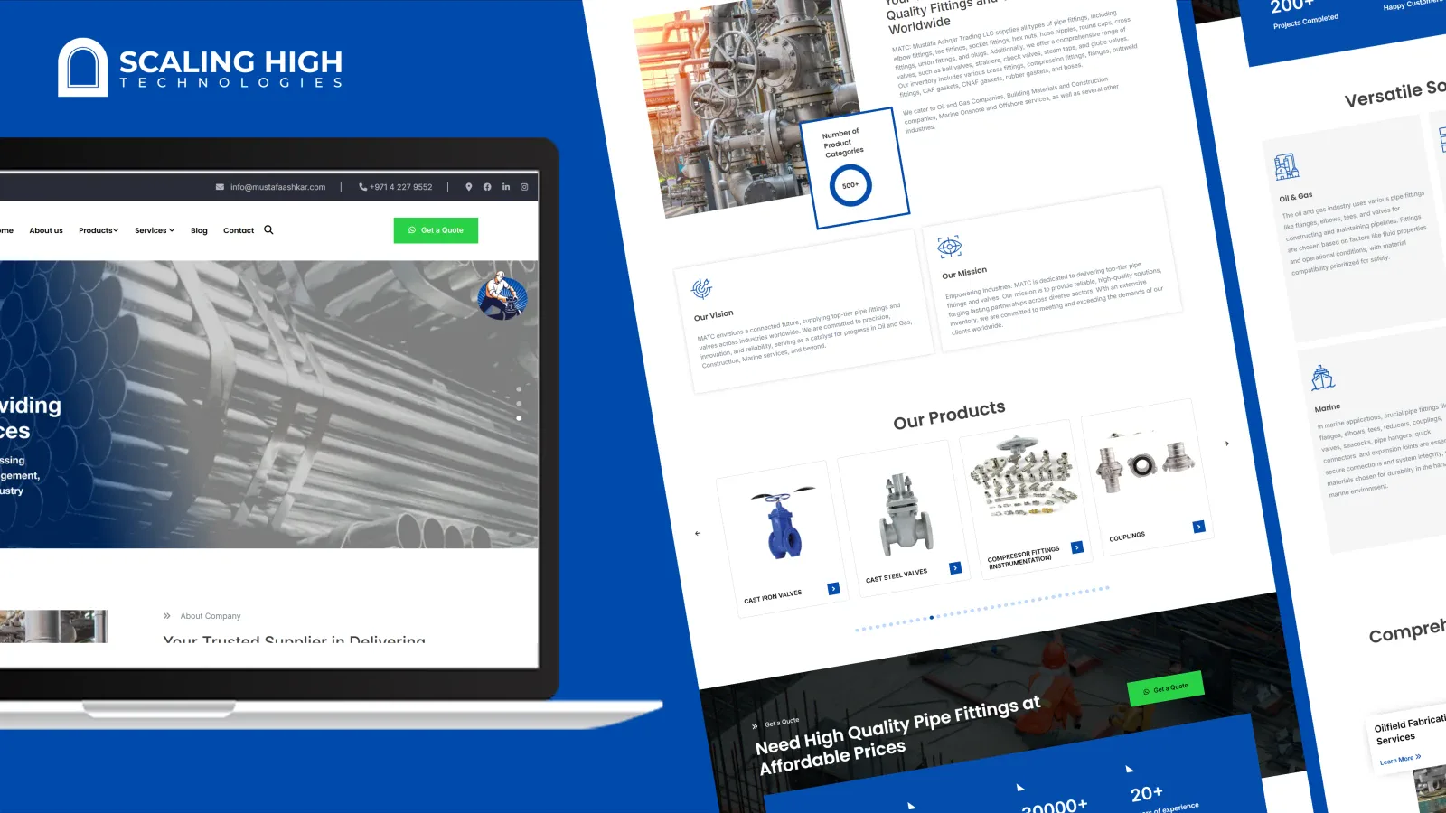 Homepage hero banner and about-company section of a pipe fittings and valves supplier's website, alongside a product carousel