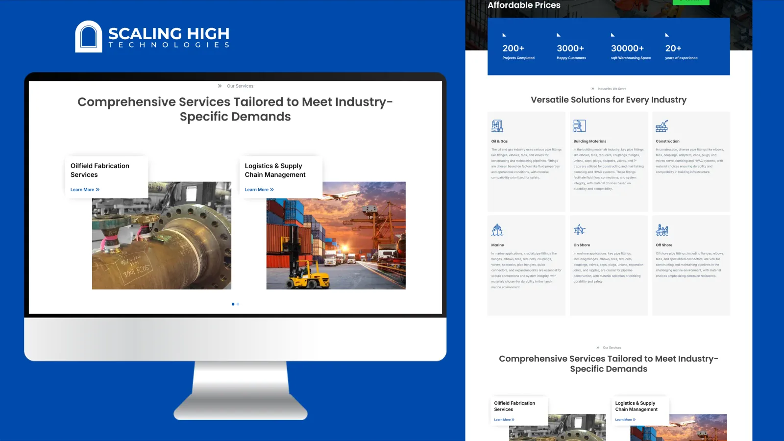 Services section (Oilfield Fabrication, Logistics and Supply Chain Management) and industries-served grid for a pipe fittings supplier