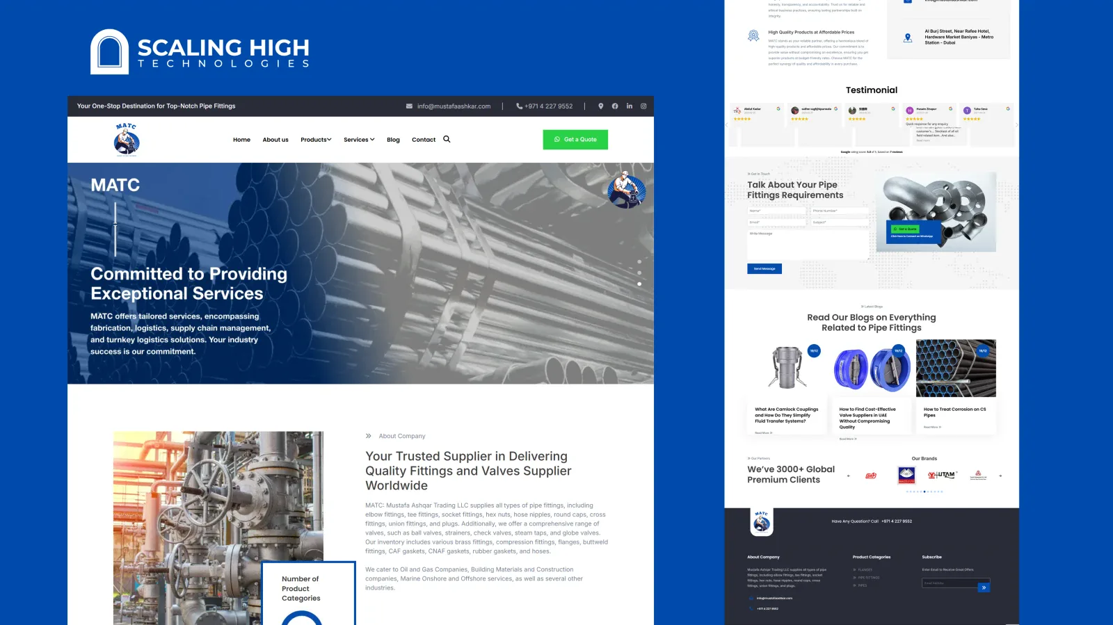 Client testimonials, contact form, blog section, and brand logos for a pipe fittings and valves supplier's website
