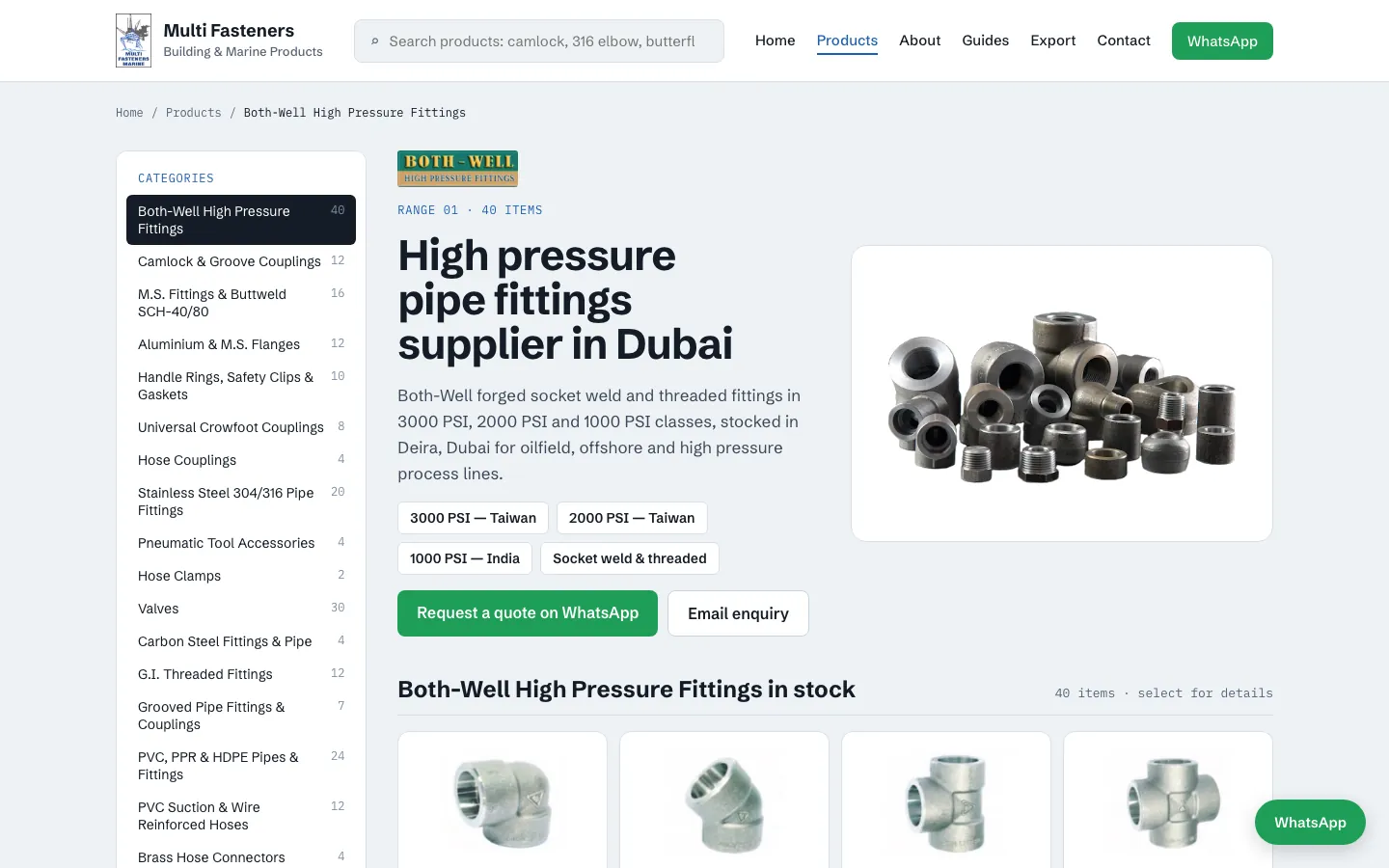 A high pressure pipe fittings range page with pressure class tags and a category sidebar