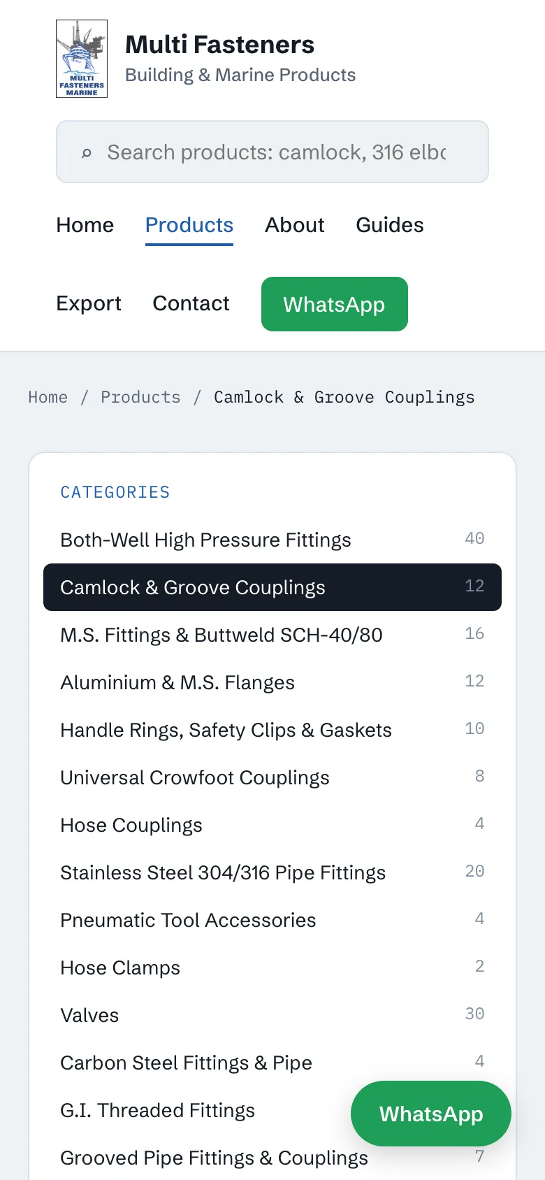 A camlock couplings range page on mobile with a stacked category list and WhatsApp button