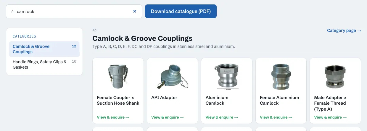 Live product filter on a pipe fittings catalogue narrowing results as the buyer types