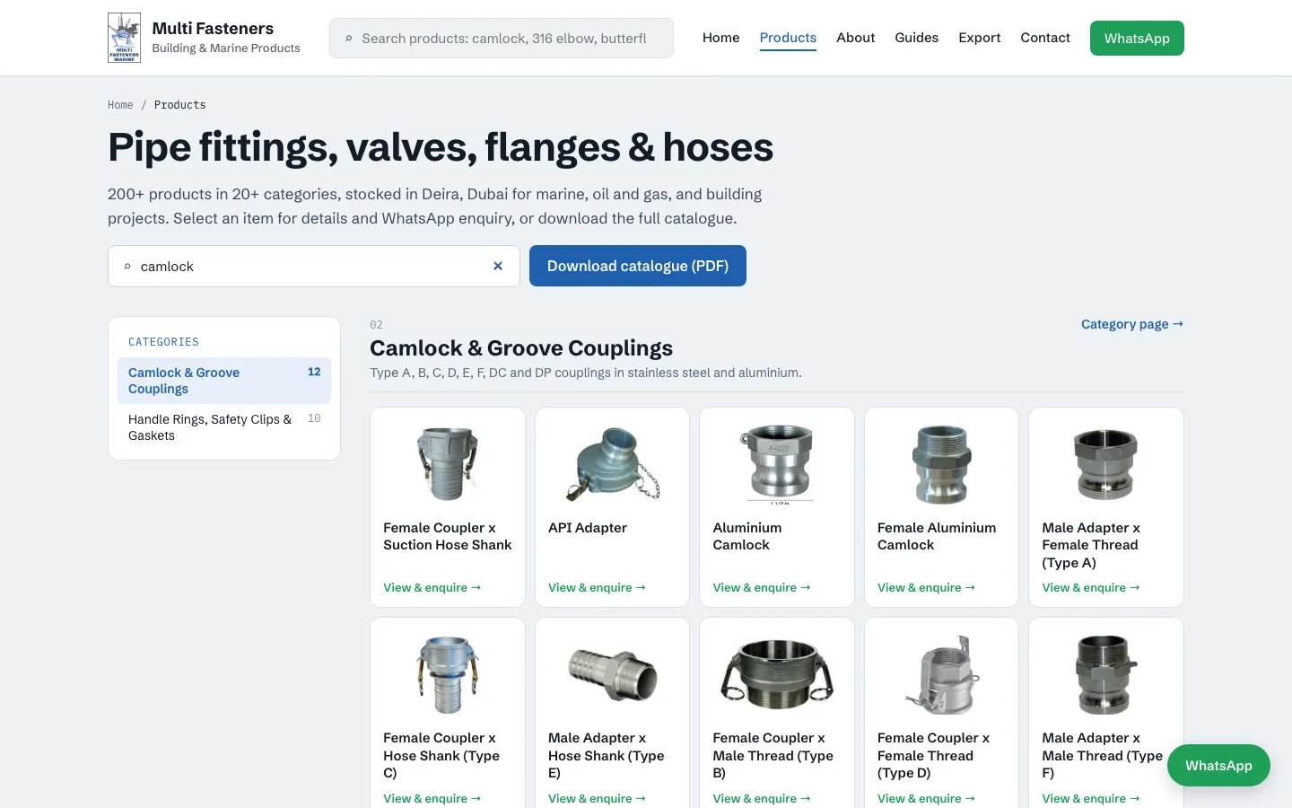 A pipe fittings product catalogue on desktop with a category sidebar and product grid side by side