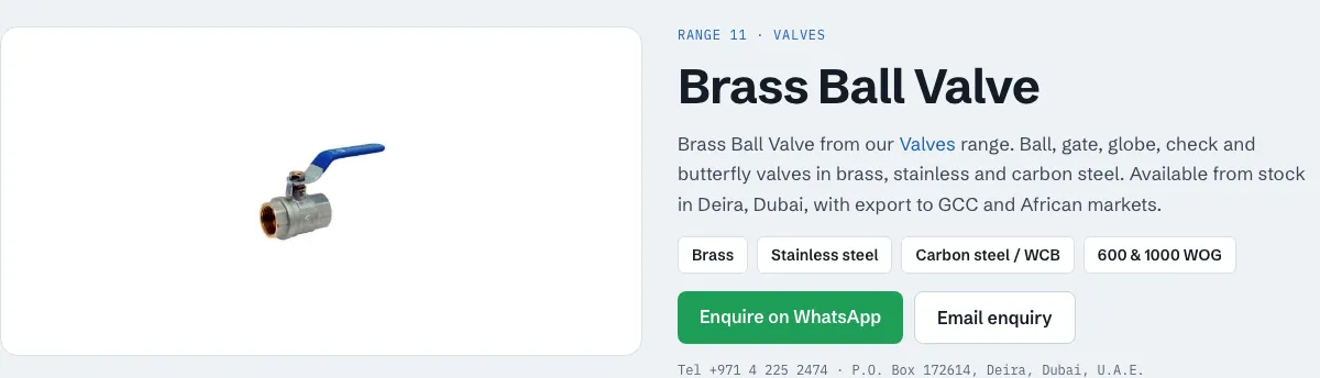 A brass ball valve product page with material tags and an Enquire on WhatsApp button