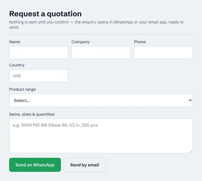 A quotation request form with fields for items, sizes and quantities and a Send on WhatsApp button