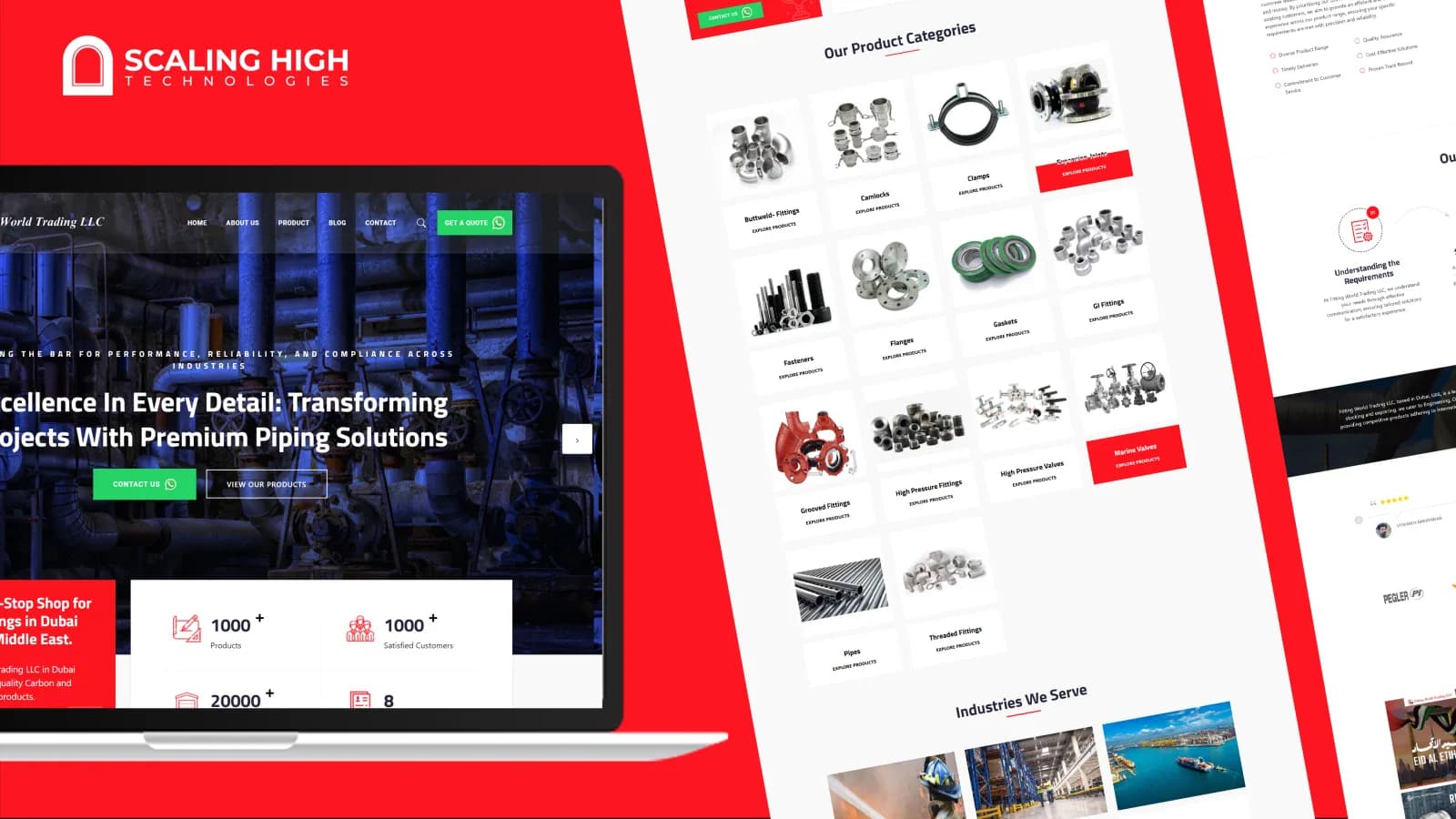 Homepage hero banner and product category grid of a pipe fittings supplier's website showing buttweld fittings, camlocks, and clamps