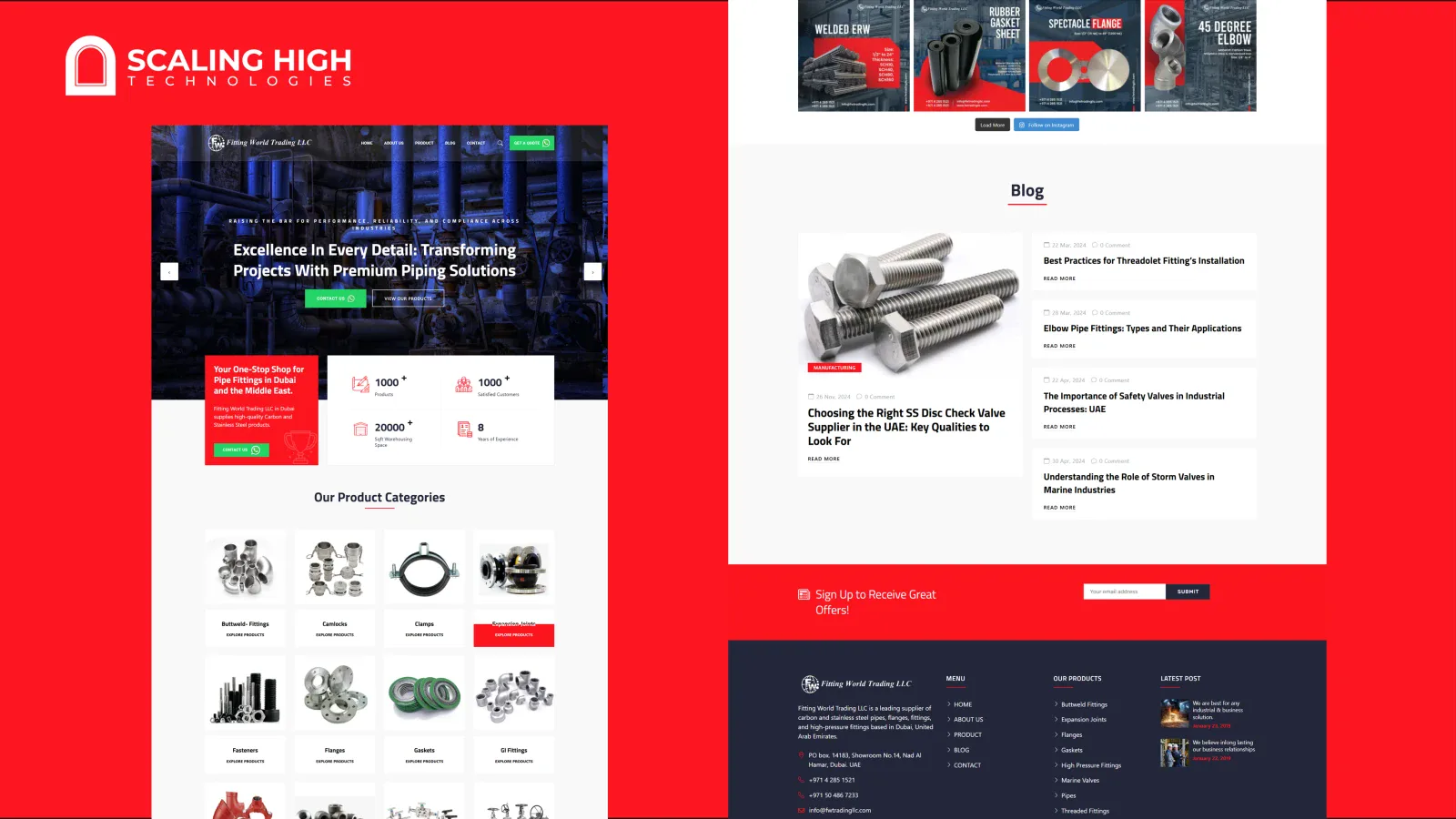 Homepage, blog section, and Instagram feed of a pipe fittings supplier's website