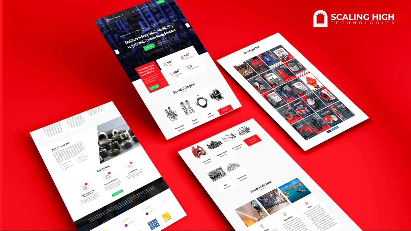 Homepage, Instagram feed, and product category composite for a pipe fittings and flanges supplier