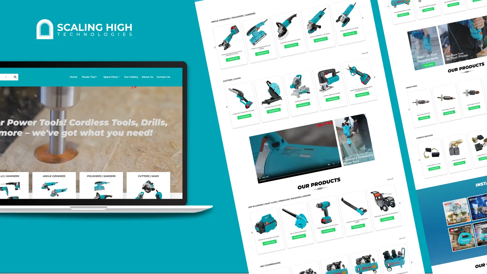 Homepage hero banner of a power tools website alongside a product listing page showing angle grinders, sanders, and cutters