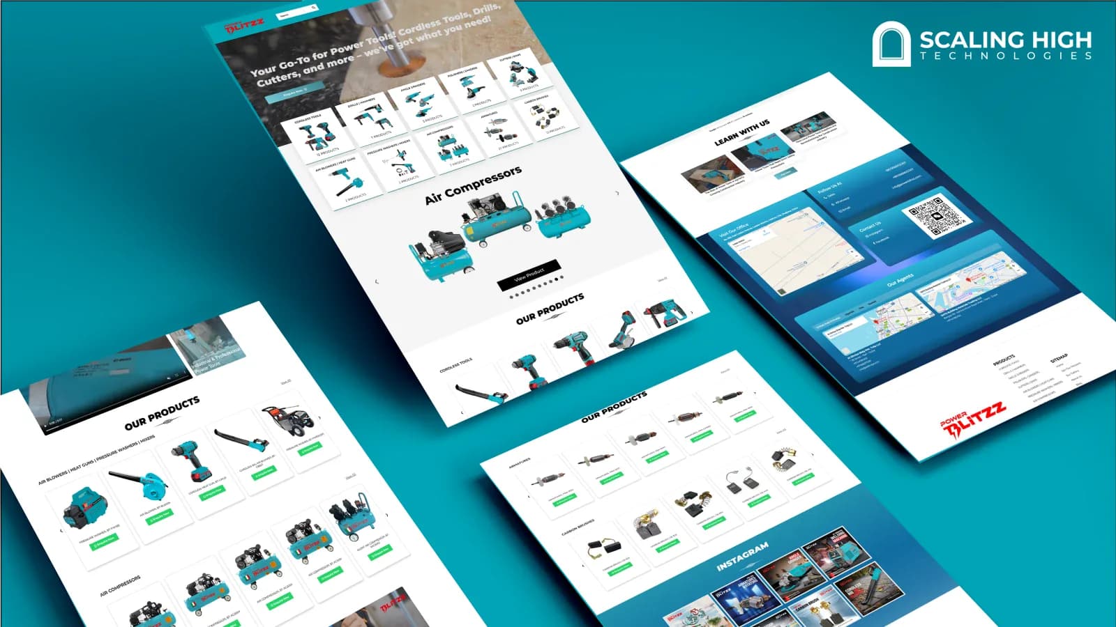 Homepage, product category tiles, and a "Learn With Us" content section for a power tools brand's website