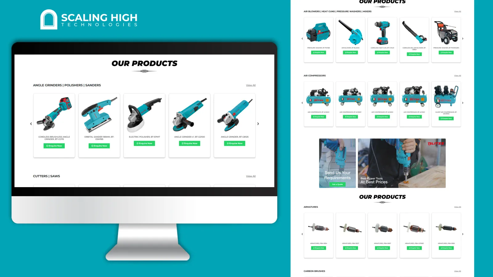 Full product listing page and a "Send Us Your Requirements" video banner for a power tools website
