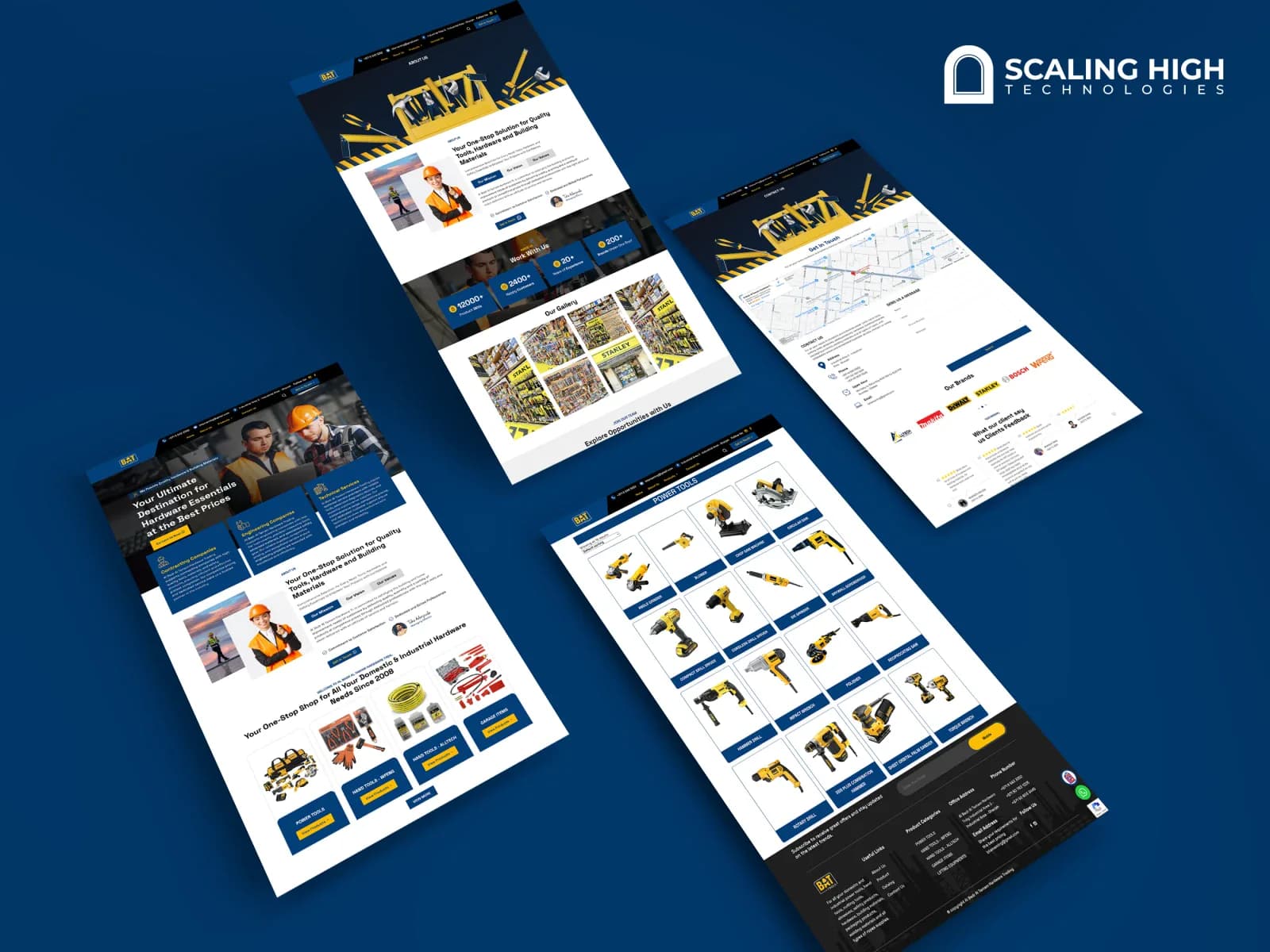 Composite view of homepage, about page, contact page, and product category pages for a hardware and building materials website