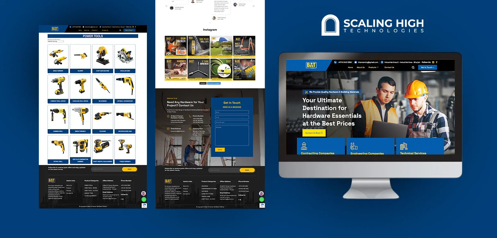 Composite of product listing, Instagram feed, contact form, and homepage sections for a power tools and hardware retailer