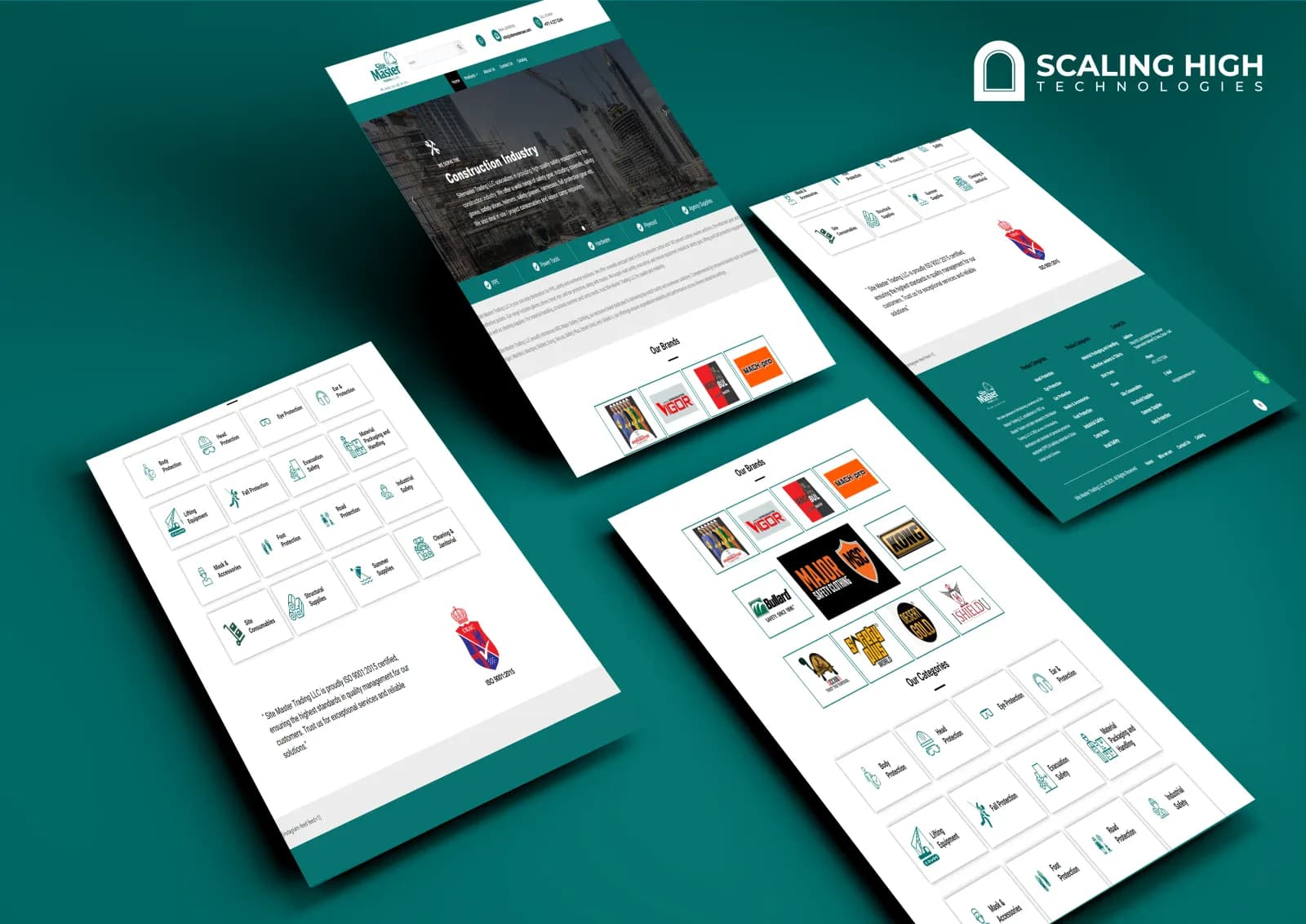 Homepage, product category icons, and brand grid composite for a PPE and safety workwear supplier