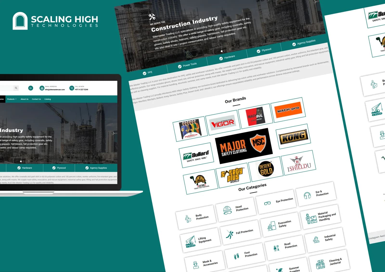 Homepage hero banner reading "We Serve the Construction Industry" alongside a brand logo grid for a PPE and safety equipment supplier